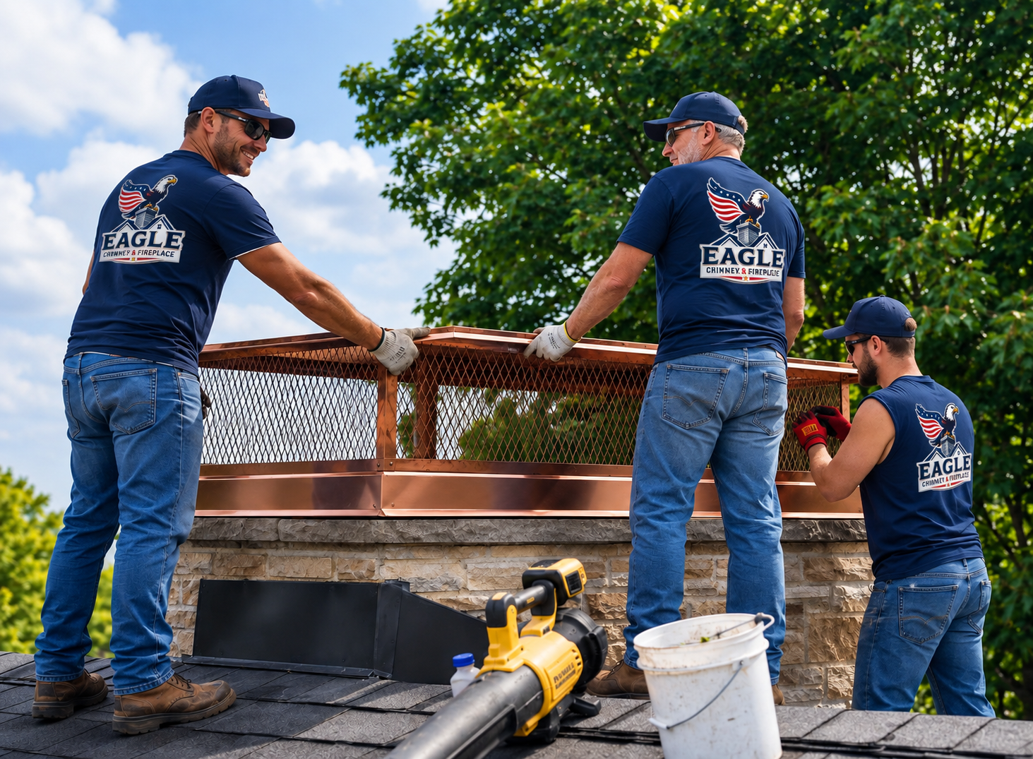Eagle Chimney & Fireplace technicians installing a copper chimney cap