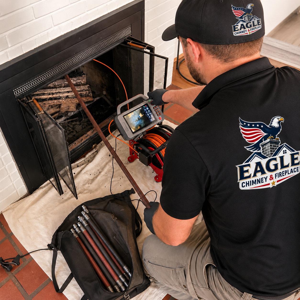 Technician performing a chimney camera inspection